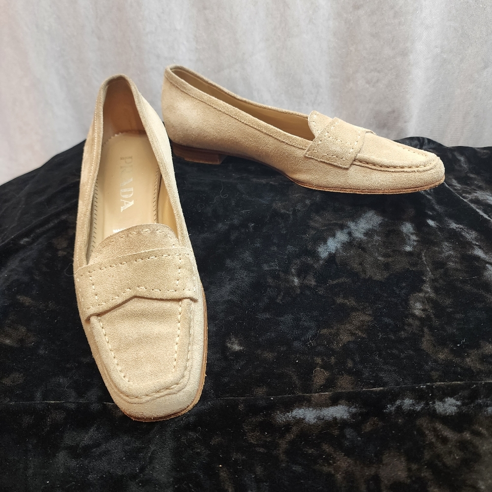 Authentic Prada Suede Leather Loafers in beige. Size 6 US/ 36 EU